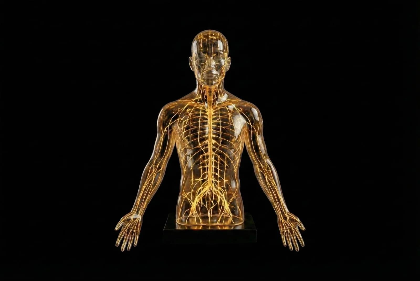 Translucent anatomy bust with the body’s nervous system glowing in gold