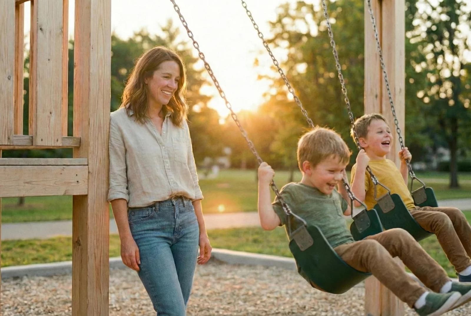 A mother smiling with her two sons at the playground at sunset