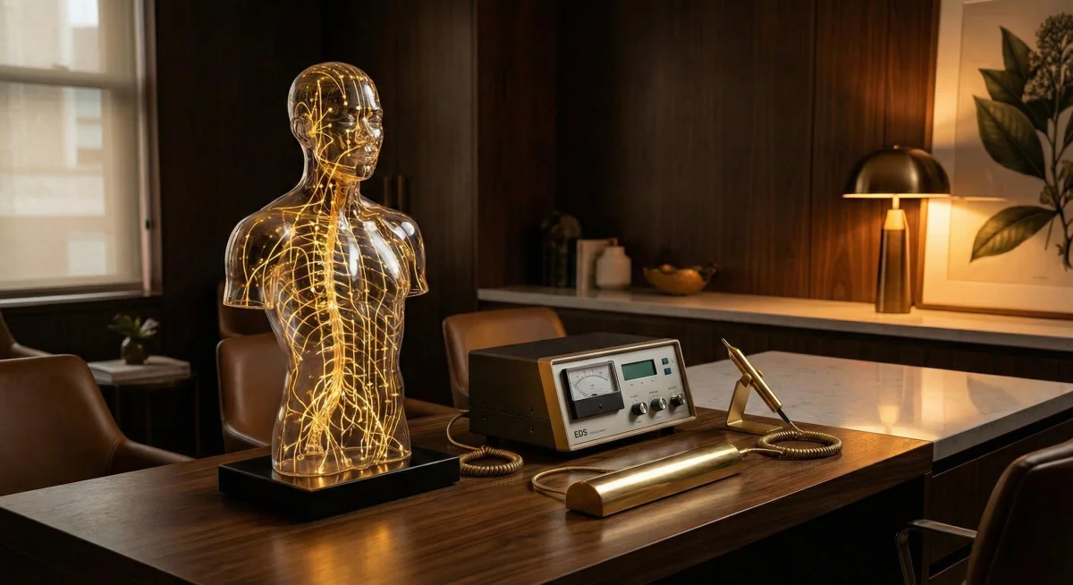An EDS testing setup — translucent body model, EDS device, and probe on a clinic desk